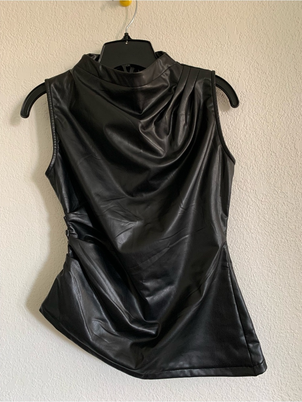Faux Leather Black Draped Mock Neck Camisole